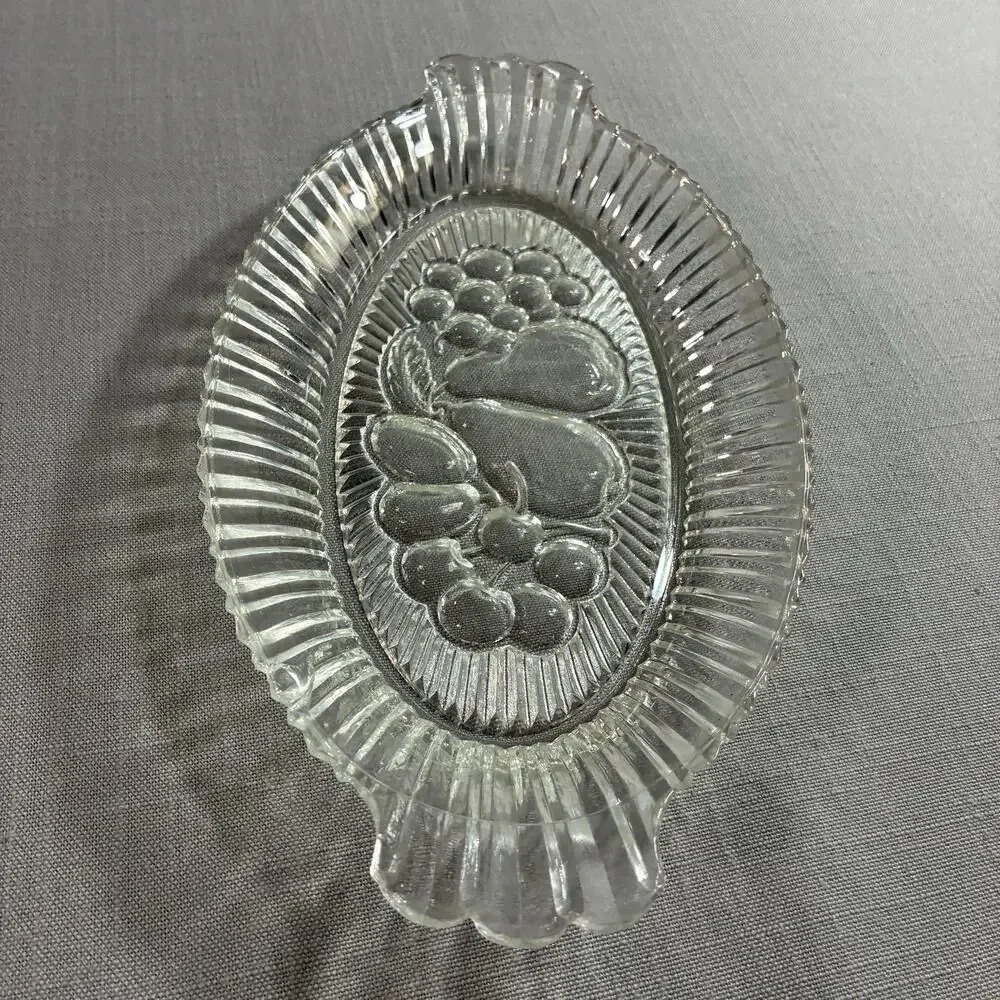 Vintage Clear Pressed Glass Relish Tray Fruit Pattern Oval Serving Dish 9.5 Inch